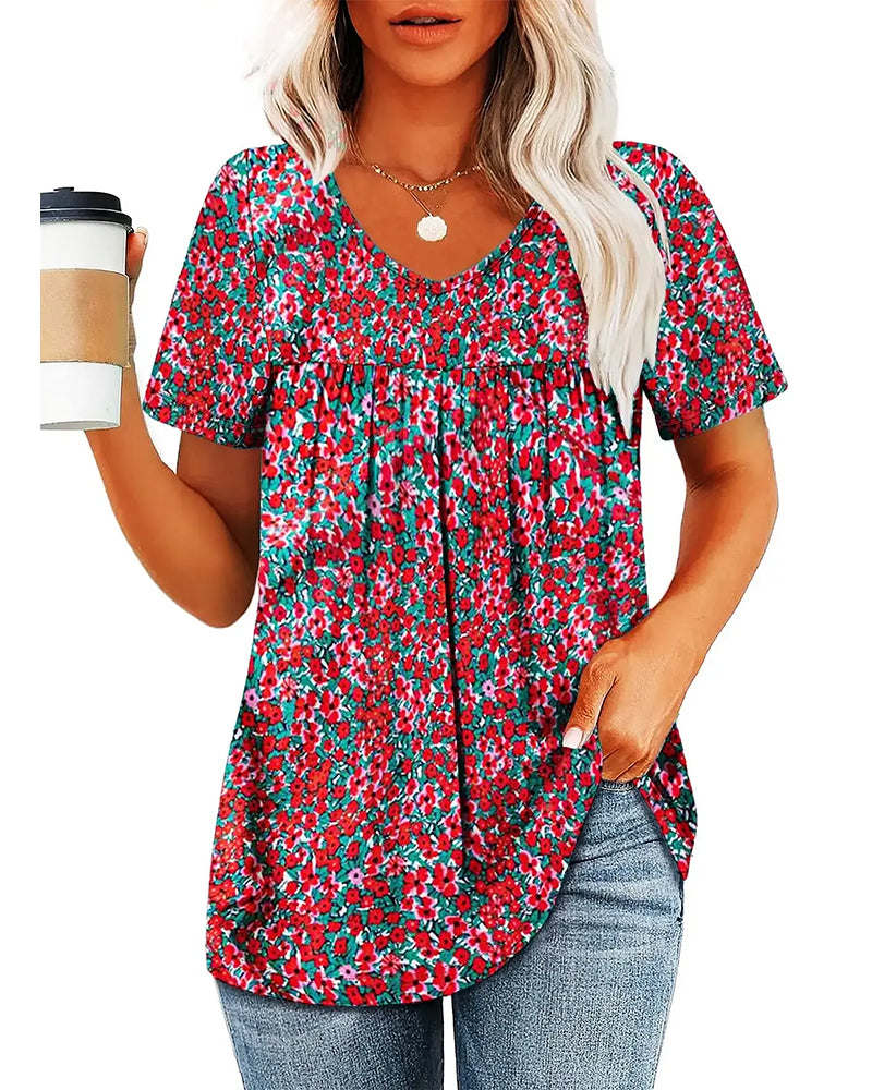 Bluse Blomstret V-Hals Kortermet