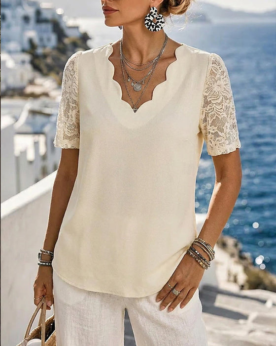 Bluse V-Hals Blonder Patchwork Solid