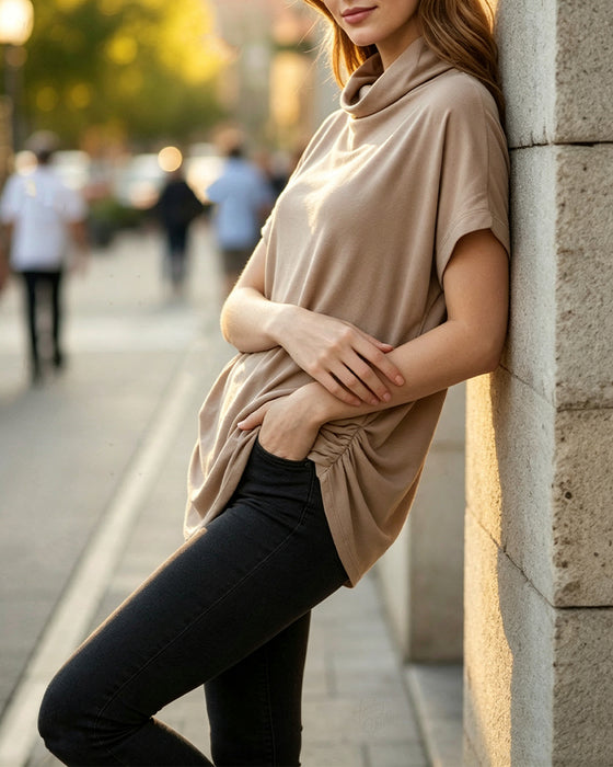 Bluse Mock Hals Kort Erme Side Rynket