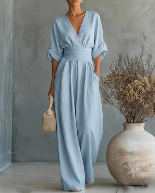 Jumpsuit V-Hals Kors Midjekniping Bred Ben