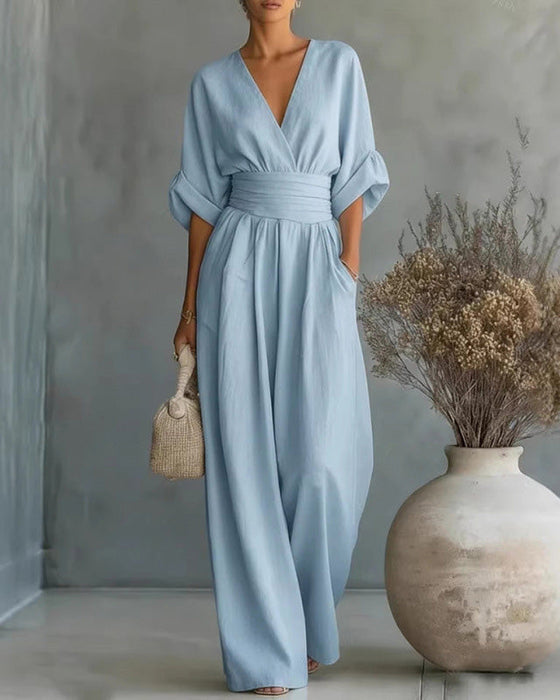 Jumpsuit V-Hals Kors Midjekniping Bred Ben