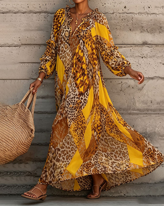 Kjole Leopard Fargeblokk Ruffle V-Hals