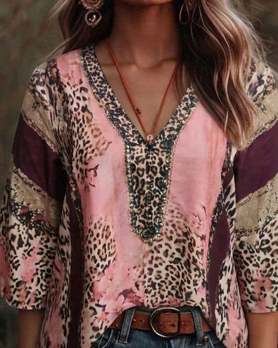Bluse V-Hals Leopard Fargeblokk
