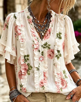 Bluse Floralt Rynket Dobbeltlaget Kant