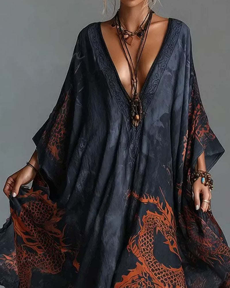 Kjole Rød Drakemønster Flaggermuserme Dyp V-utringning