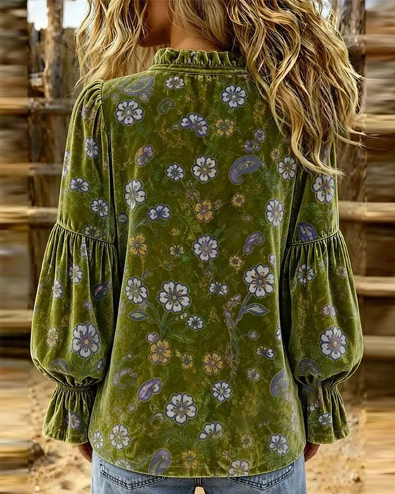 Bluse V-Hals Knapp Volang Blomstret
