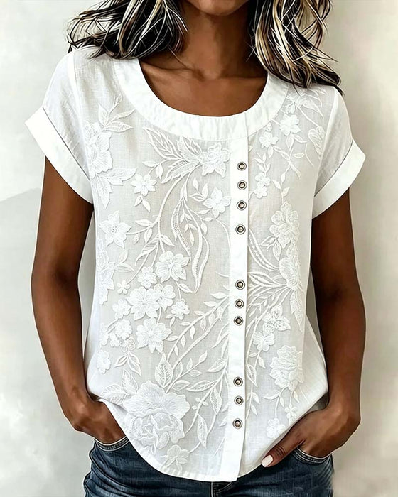 Bluse Blomstret Knapp Rundhalset Kortsermet