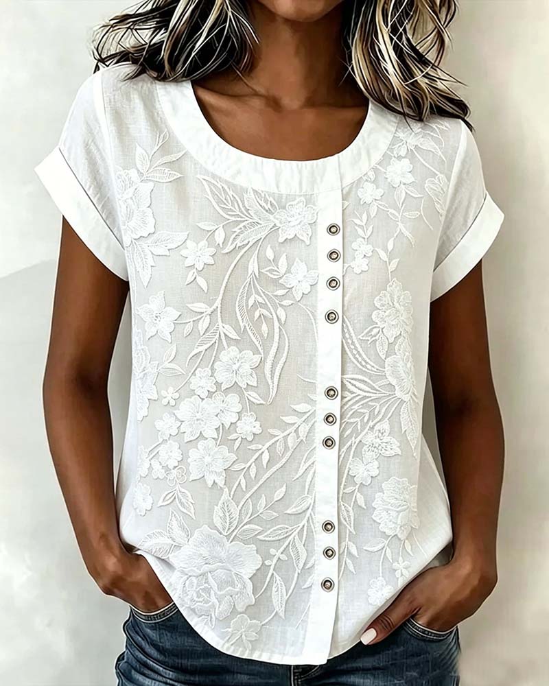 Bluse Blomstret Knapp Rundhalset Kortsermet