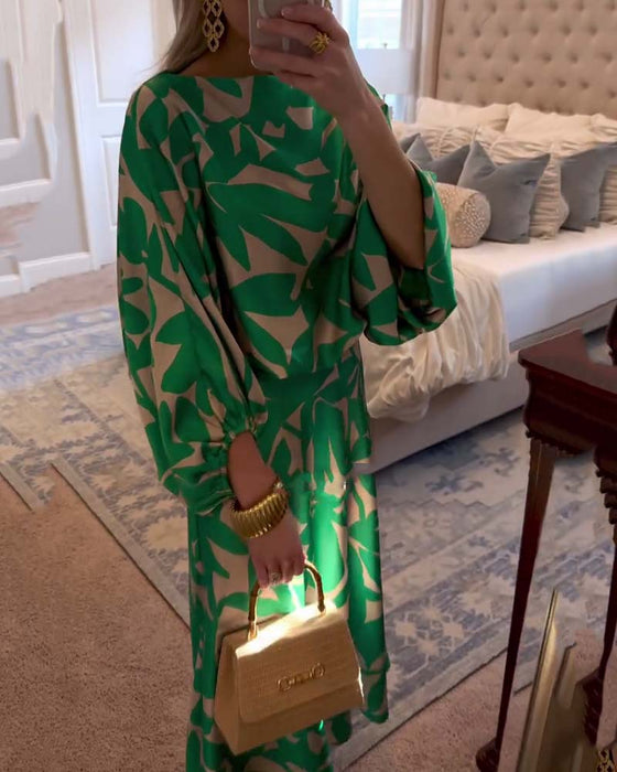 Sett Kjole Avslappet Trykt Lykt Ermer Temperament