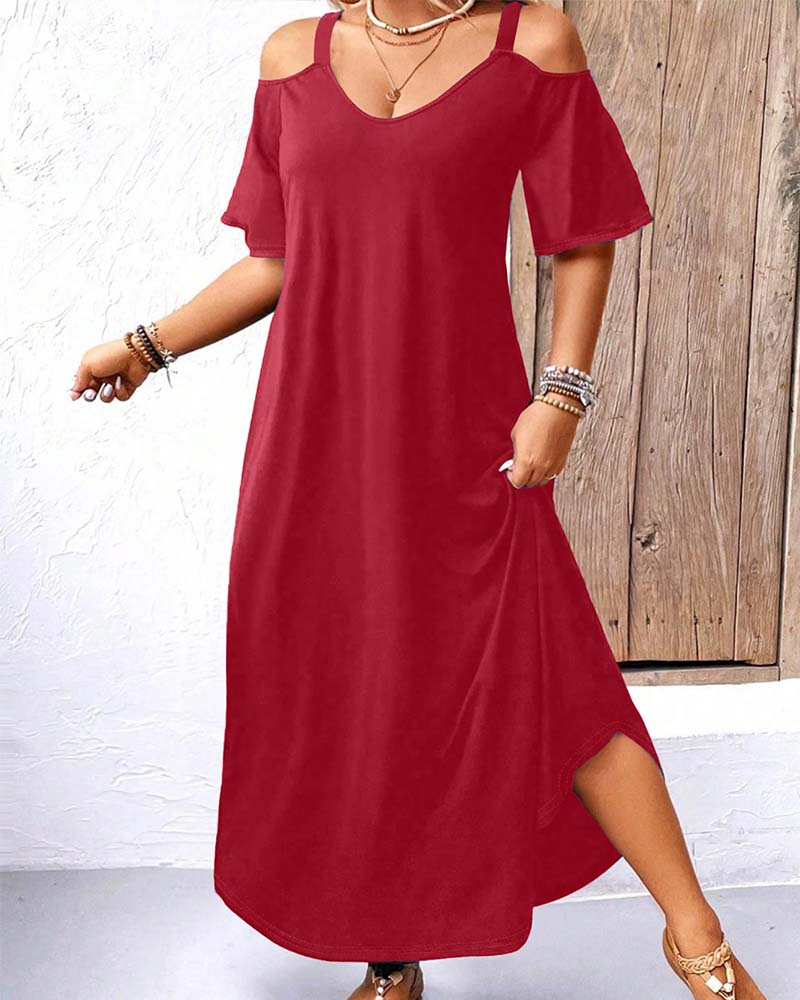 Kjole Ensfarget V-Utringning Off-Shoulder Lang