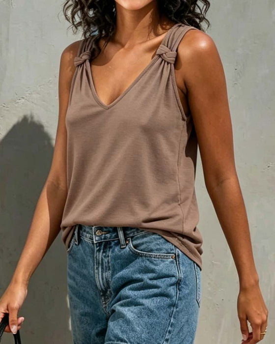 Tank Top Solid Färg Twist V-Hals