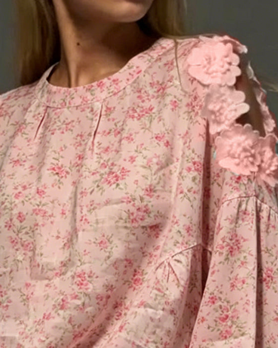 Bluse Rund Hals Off-Shoulder Blomstrende Løs