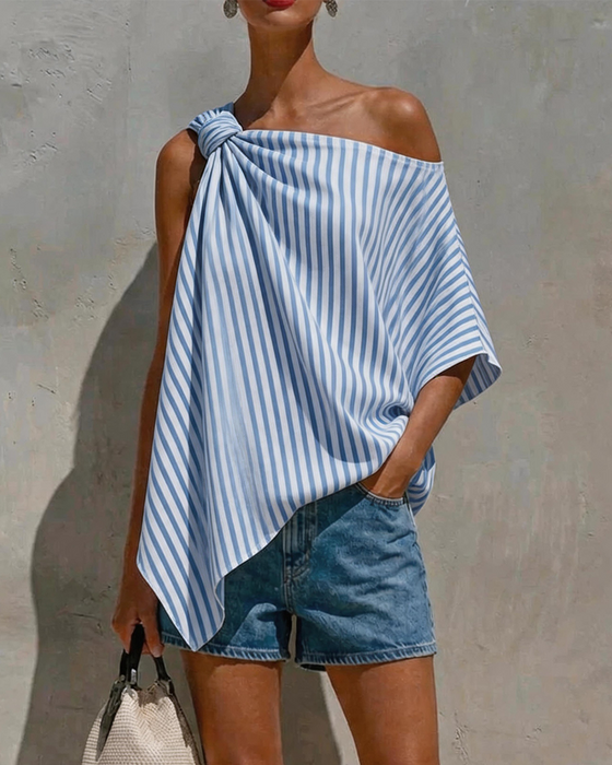 Bluse Stripet Løs Asymmetrisk Design
