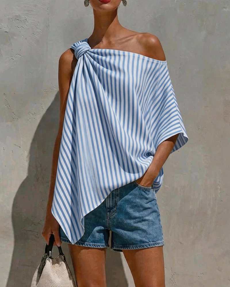 Bluse Stripet Løs Asymmetrisk Design