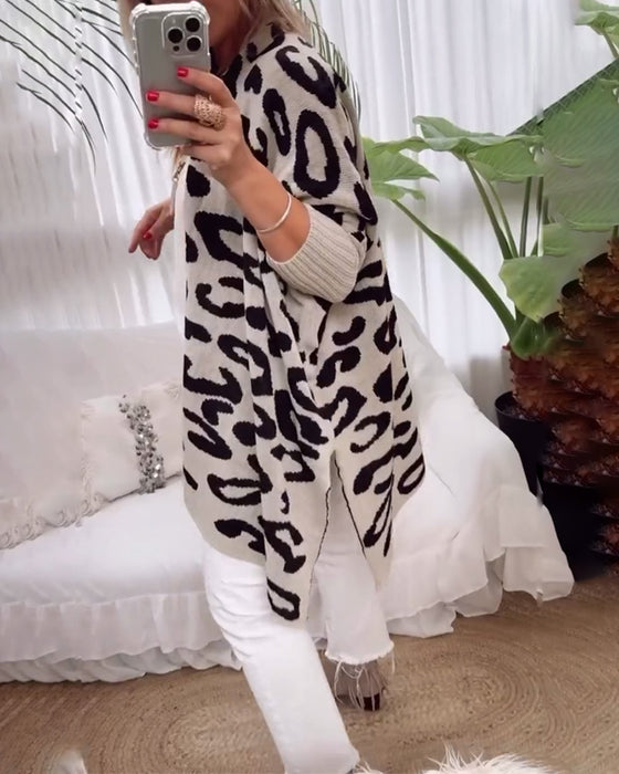 Uformell langermet cardigan med leopardmønster