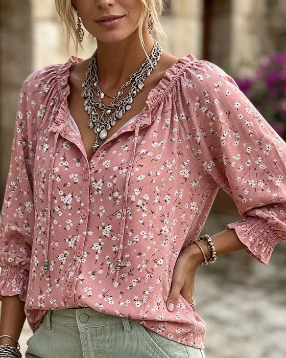 Bluse V-Hals Blomstret Stropper Ruffle Erme