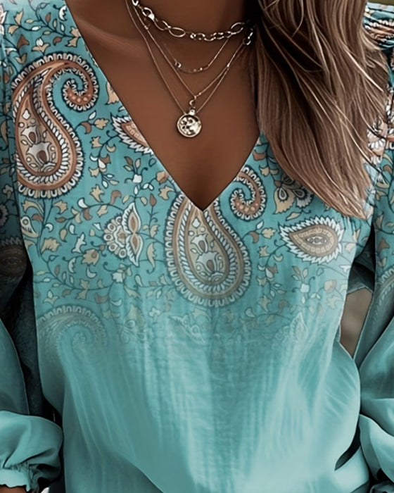Bluse Gradient Paisley-Trykk V-Utringning Pufferme