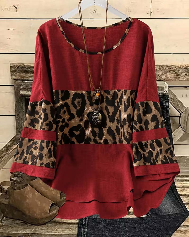 Topp Rundhalset Leopard Fargeblokk