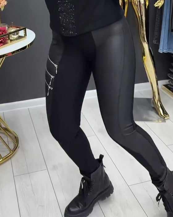 Leggings PU Lappverk Glidelås Utsmykket