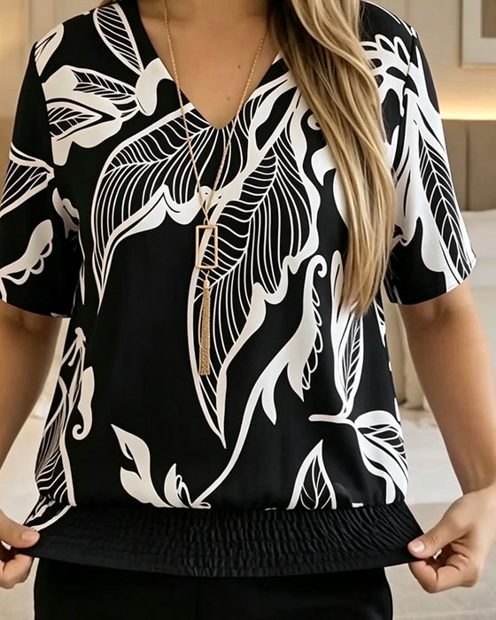 Bluse Blomstertrykk Strikk Kant Kortermet