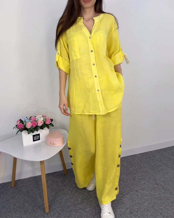 Ensfarget knapplomme blondebluse buksesett med brede ben