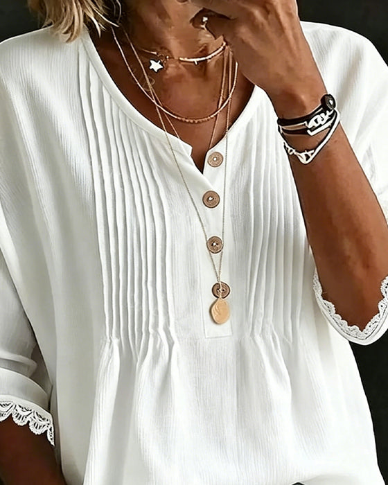 Bluse Plissert Knapp Blondekant