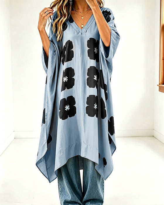 Kjole Trykk V-Utringning Flagermuserme Loose Fit