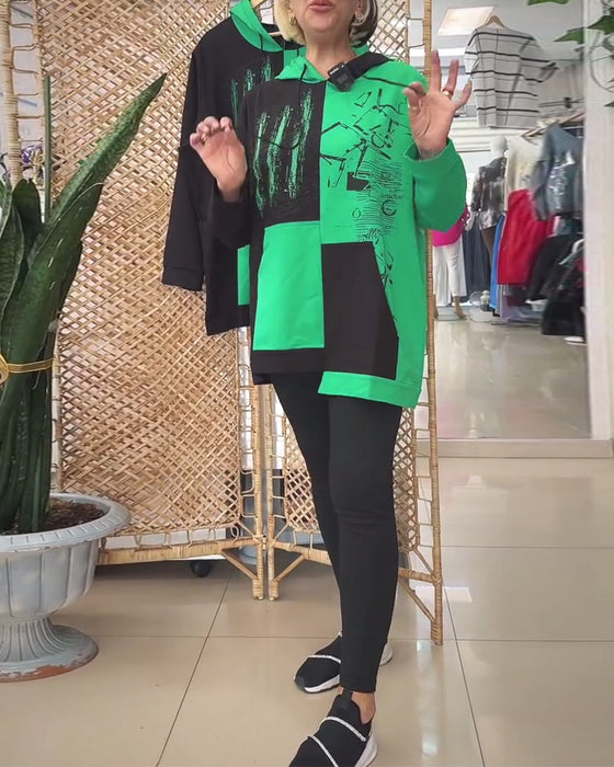 Sweatshirt casual hette fargeblokktrykk