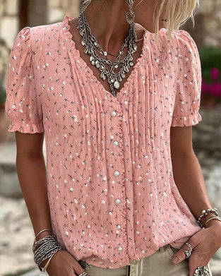 Bluse Pufferme Blomstret Trykk Kortermet