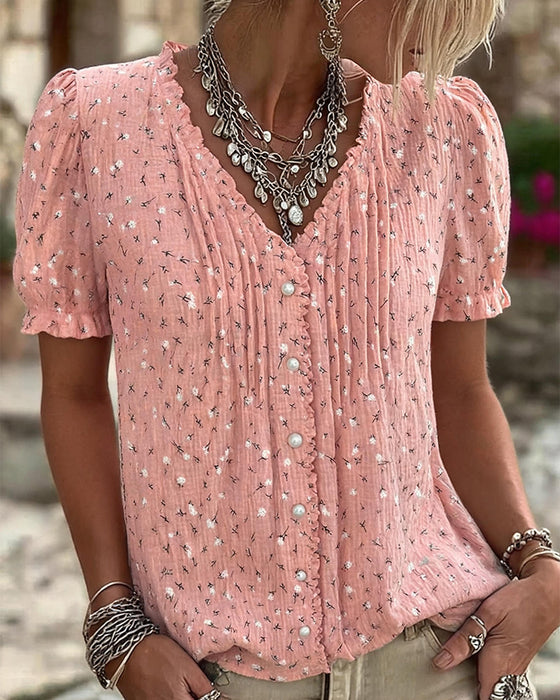 Bluse Pufferme Blomstret Trykk Kortermet