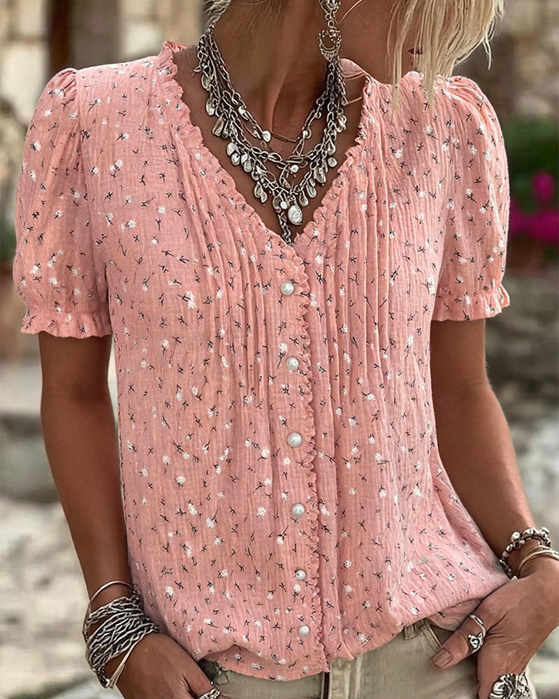 Bluse Pufferme Blomstret Trykk Kortermet