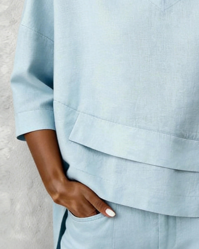 Topp V-hals Løvende Bomull Og Lerrets Skjorte