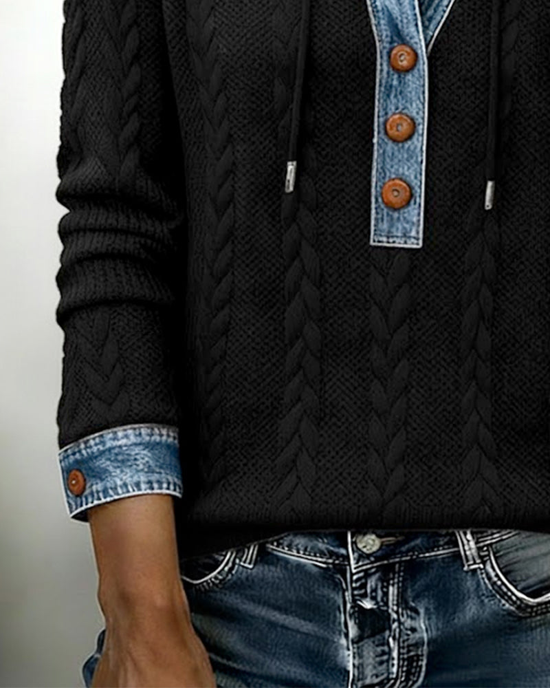 Fargeblokkert Langermet Hettegenser Med Knapper