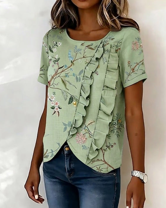 Bluse Rundhalset Kortsermet Rysje Blomstret