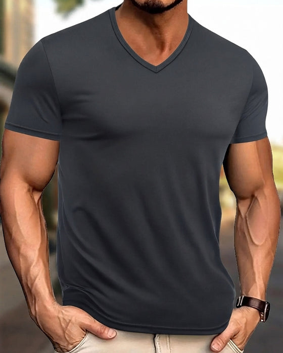 T-Shirt Ensfarget V-Hals Avslappende Herre