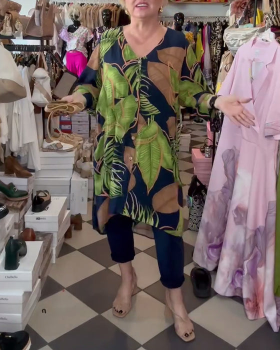 Løs Kjole Med Bladtrykk Og V-Hals