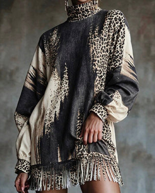 Kjole Turtleneck Leopard Fargeblokk