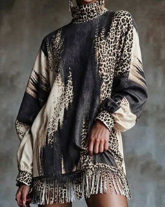 Kjole Turtleneck Leopard Fargeblokk