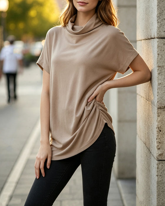 Bluse Mock Hals Kort Erme Side Rynket