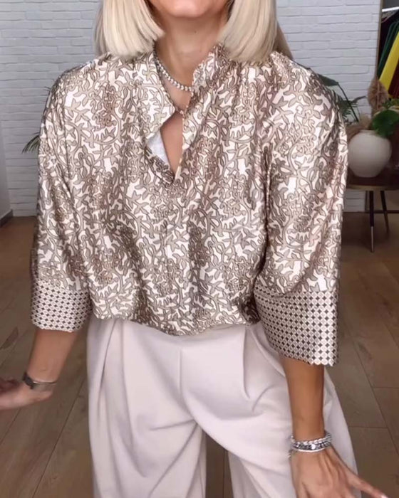 Bluse Med Ståndkrage Og Trykt Satin