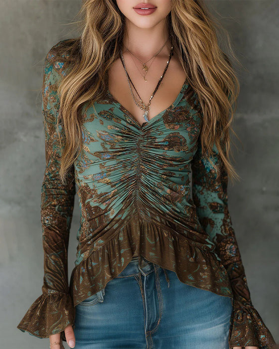 Bluse Samlet Rysj V-Hals Langermet