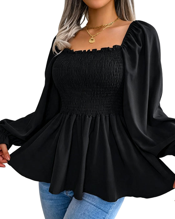 Bluse Ruffle Firkantet Hals Lang Erme