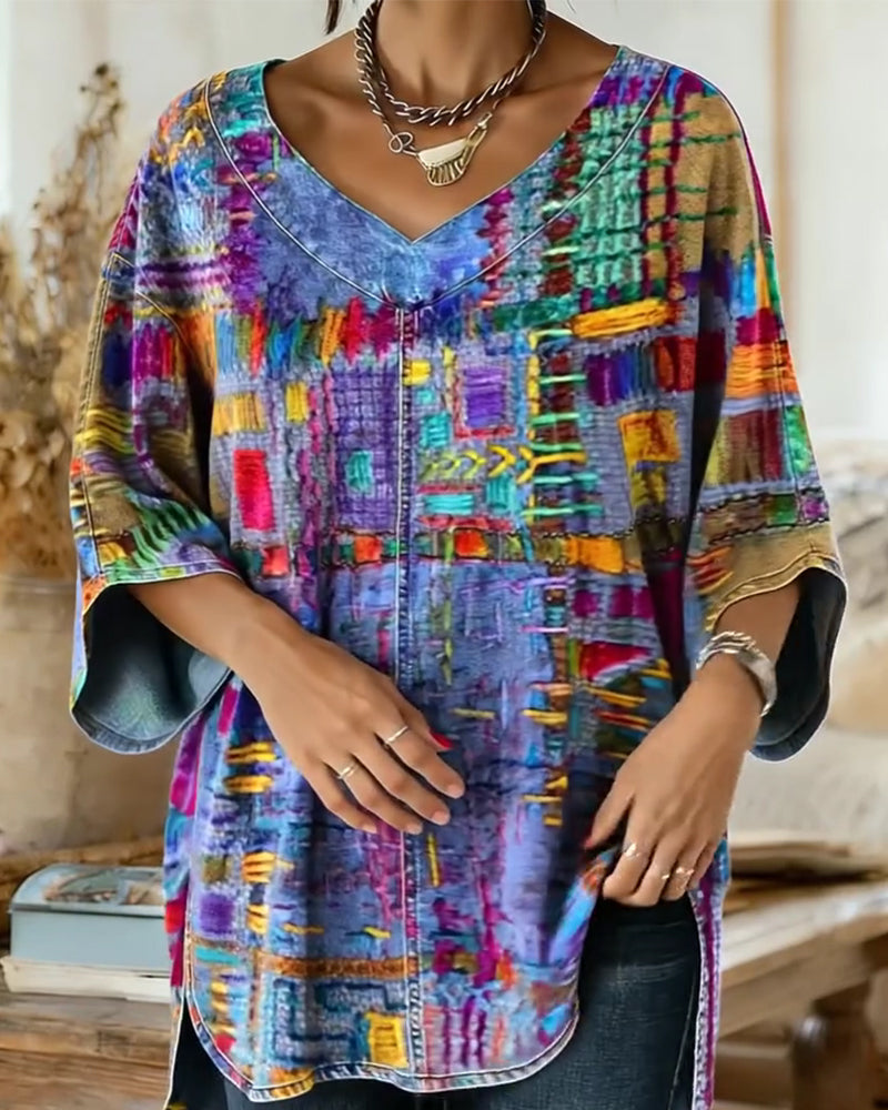 Bluse Med Fargerikt Geometrisk Print Og Vide Ermer
