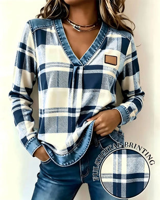 Topp V-Hals Rutete Denim Patchwork