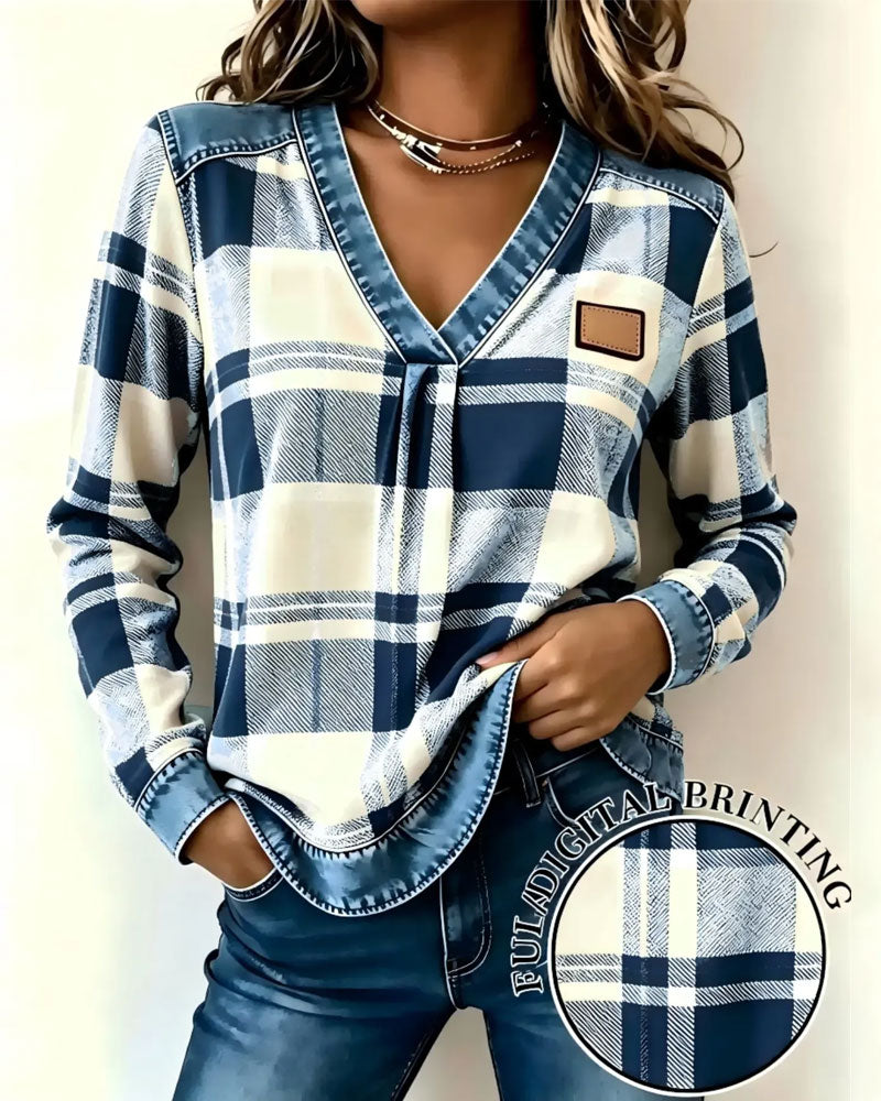 Topp V-Hals Rutete Denim Patchwork