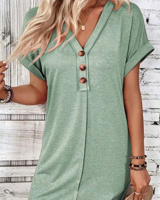 Kjole V-Utringning Knappefront Solid Casual