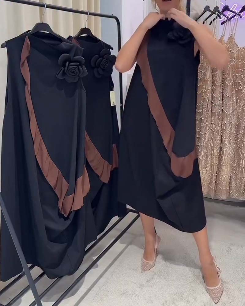 Kjole Tredimensjonal Blomstblad Nøkkeroseblad Fargekontrast Ermløs