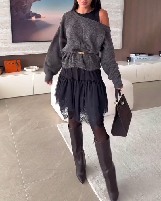 Avskåret Løstsittende Genser & Kniplingskant Kjole