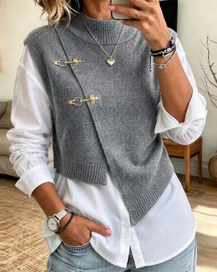 Sett Halv Turtleneck Diagonal Knappet Genser Vest