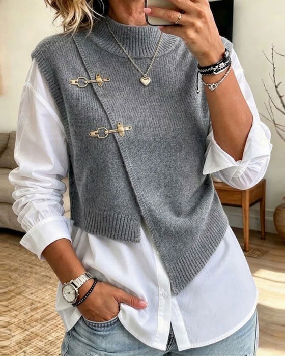 Sett Halv Turtleneck Diagonal Knappet Genser Vest